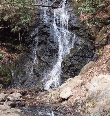 [Small, low water flow waterfall darkening the rocks.]